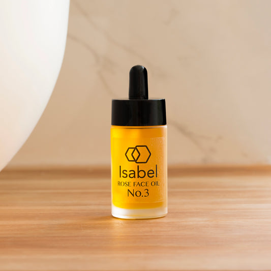 Isabel Skincare No.3 Rose Face Oil – 30ml bottle of nutrient-rich, non-greasy facial oil with Rose Otto, Frankincense, and Geranium, designed for calming and nourishing skincare routines