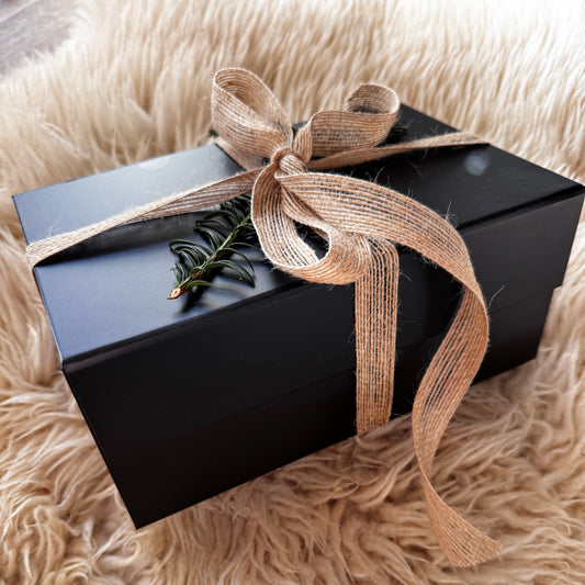 Black gift box with hessian brown ribbon
